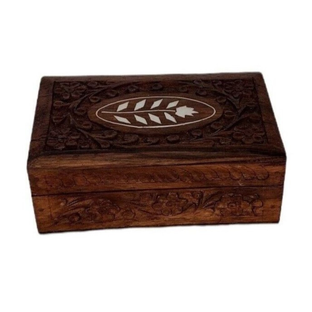 Vintage Wood Mother of Pearl Inlay Floral Carved Hinged Trinket Jewelry Box